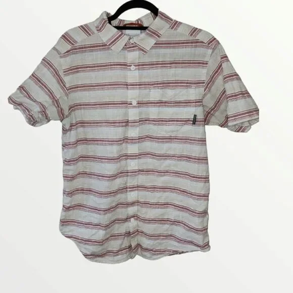 Columbia Button Up Shirt Mens Size M Short Sleeve Beige Red Gray Stripe - Picture 2 of 8